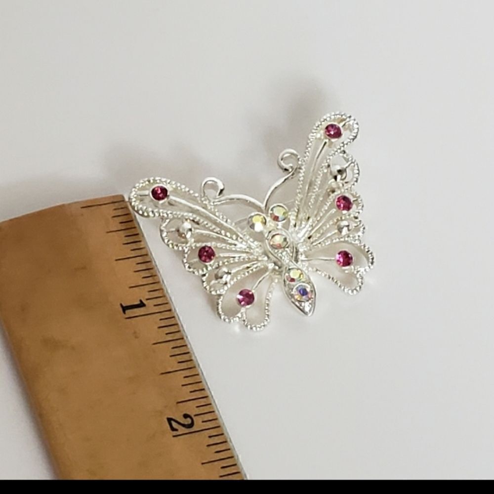Silver-tone Filigree Butterfly Brooch Pink Crystals - Picture 6 of 7
